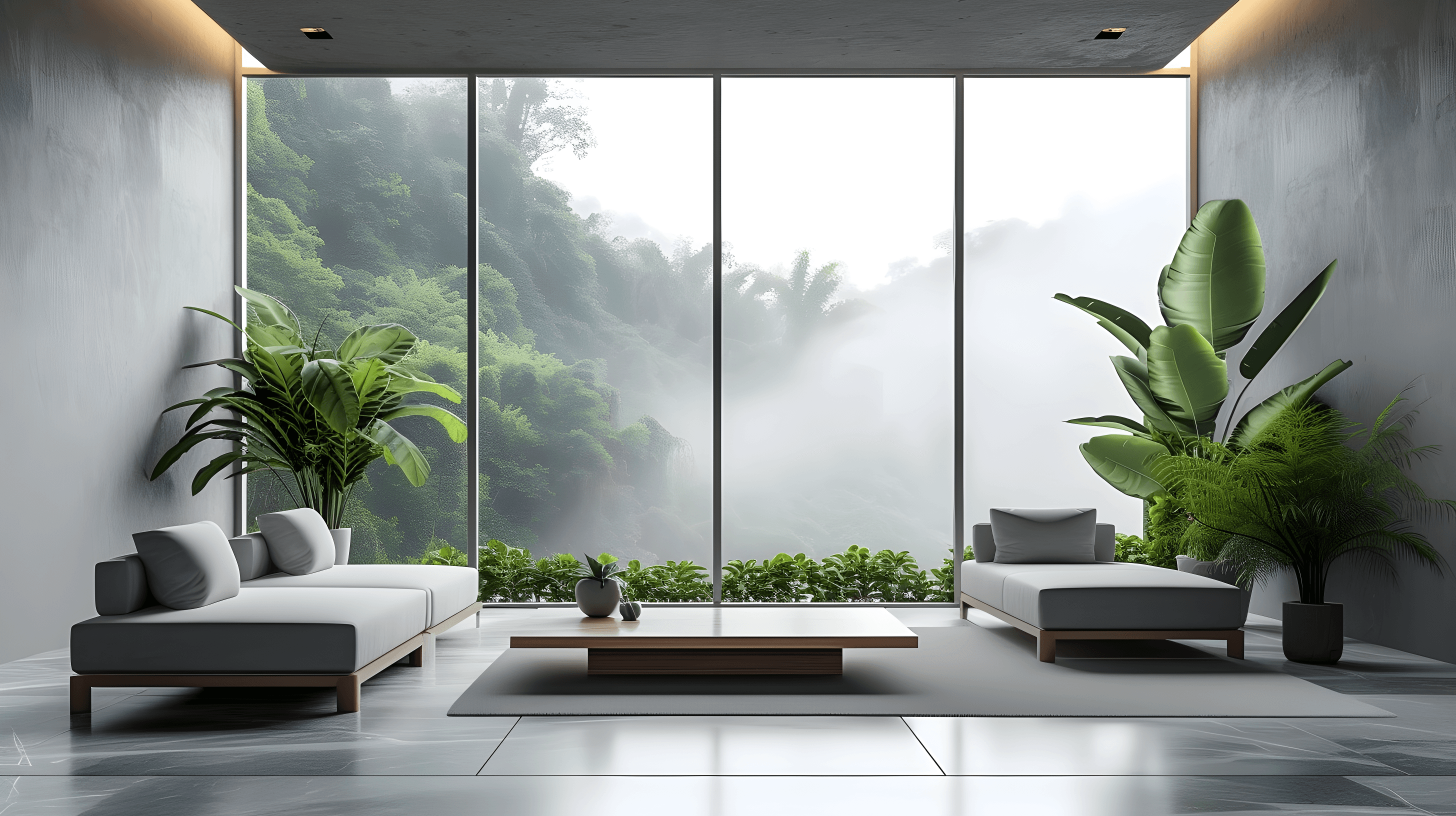 A modern, minimalist living space with large glazing opening towards the natural landscape. A neutral color palette, natural materials, and soft furniture forms create a calm and harmonious atmosphere. Natural daylight plays a key role, enhancing the connection between the interior and its surroundings.